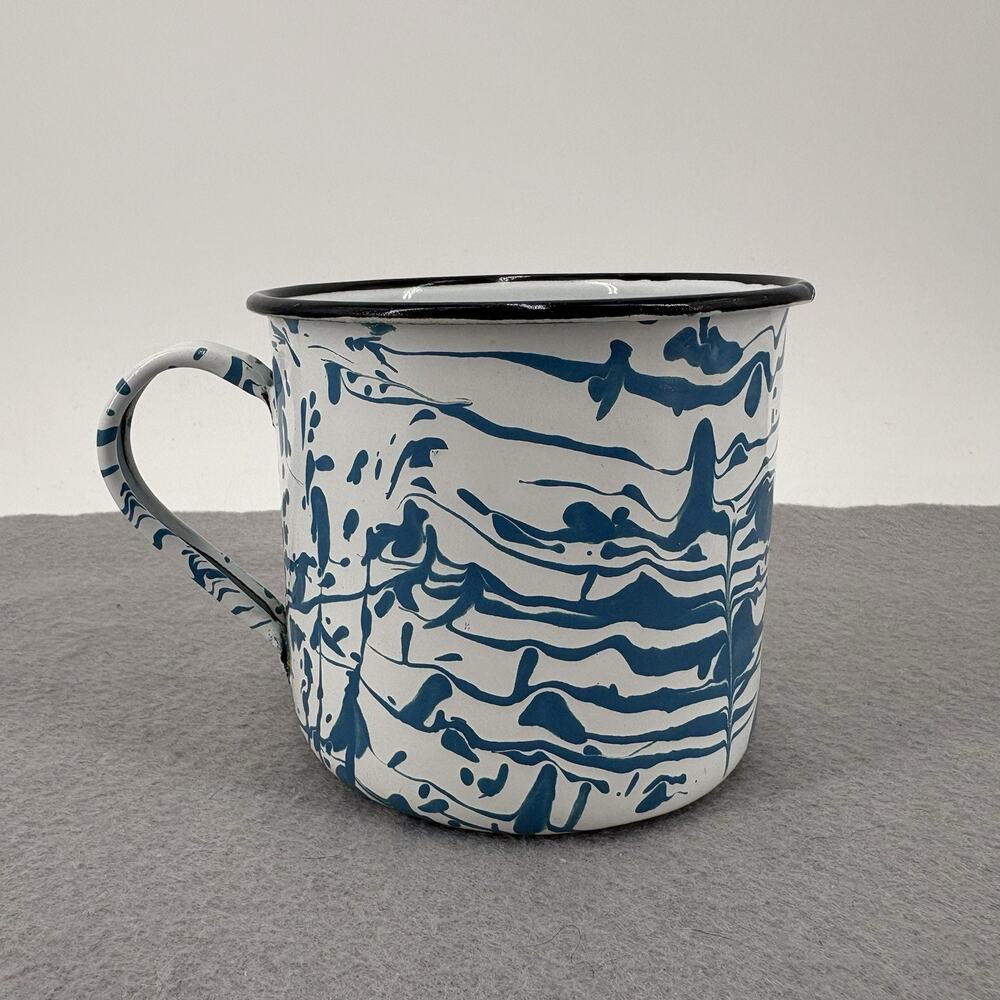 Beautiful VTG Enamelware Graniteware Coffee Mug Blue White Swirl W Dk Blue Rim